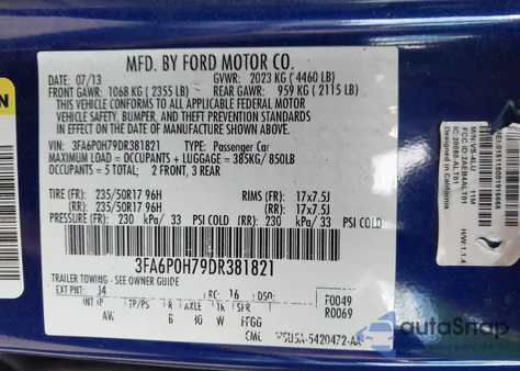 2013 Ford Fusion Se из США, поврежденный, VIN 3FA6P0H79DR381821